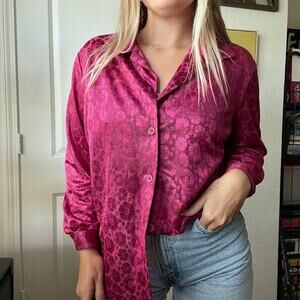 Vintage 90s Y2K Haband! Magenta Sheer Floral Print Button Up Blouse Sz L